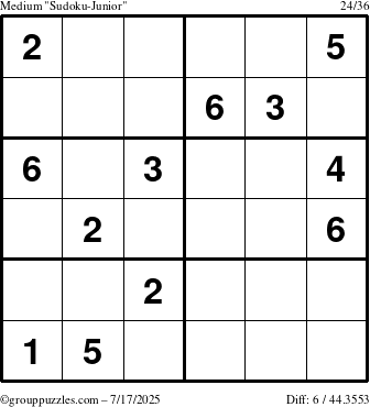 The grouppuzzles.com Medium Sudoku-Junior puzzle for Thursday July 17, 2025
