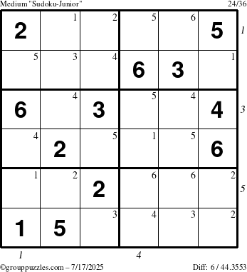 The grouppuzzles.com Medium Sudoku-Junior puzzle for Thursday July 17, 2025 with all 6 steps marked
