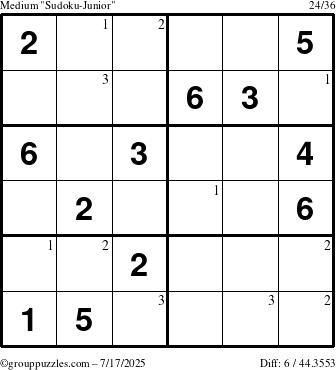 The grouppuzzles.com Medium Sudoku-Junior puzzle for Thursday July 17, 2025 with the first 3 steps marked