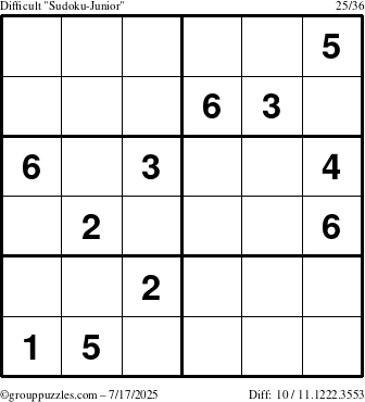 The grouppuzzles.com Difficult Sudoku-Junior puzzle for Thursday July 17, 2025