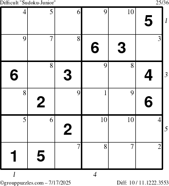 The grouppuzzles.com Difficult Sudoku-Junior puzzle for Thursday July 17, 2025, suitable for printing, with all 10 steps marked