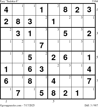 The grouppuzzles.com Easy Sudoku-8 puzzle for Thursday July 17, 2025 with all 3 steps marked