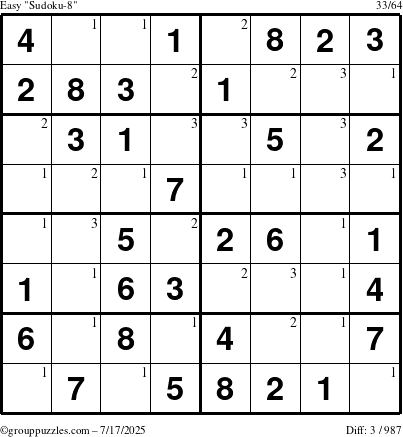 The grouppuzzles.com Easy Sudoku-8 puzzle for Thursday July 17, 2025 with the first 3 steps marked
