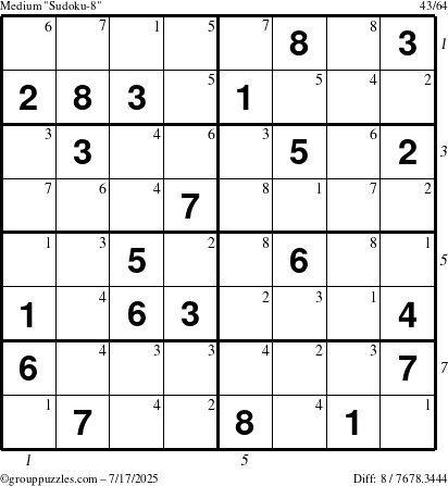 The grouppuzzles.com Medium Sudoku-8 puzzle for Thursday July 17, 2025 with all 8 steps marked