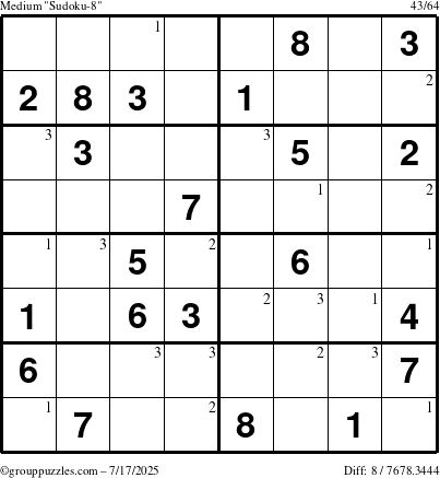 The grouppuzzles.com Medium Sudoku-8 puzzle for Thursday July 17, 2025 with the first 3 steps marked