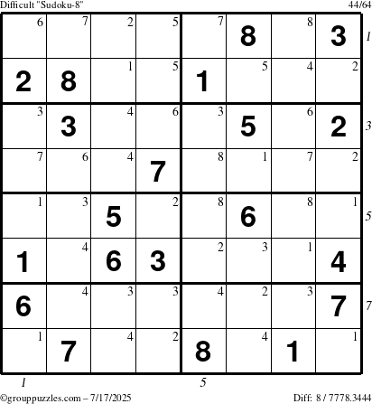 The grouppuzzles.com Difficult Sudoku-8 puzzle for Thursday July 17, 2025 with all 8 steps marked