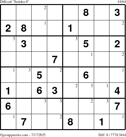 The grouppuzzles.com Difficult Sudoku-8 puzzle for Thursday July 17, 2025 with the first 3 steps marked