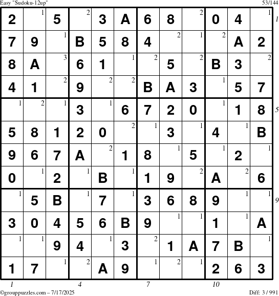The grouppuzzles.com Easy Sudoku-12up puzzle for Thursday July 17, 2025, suitable for printing, with all 3 steps marked