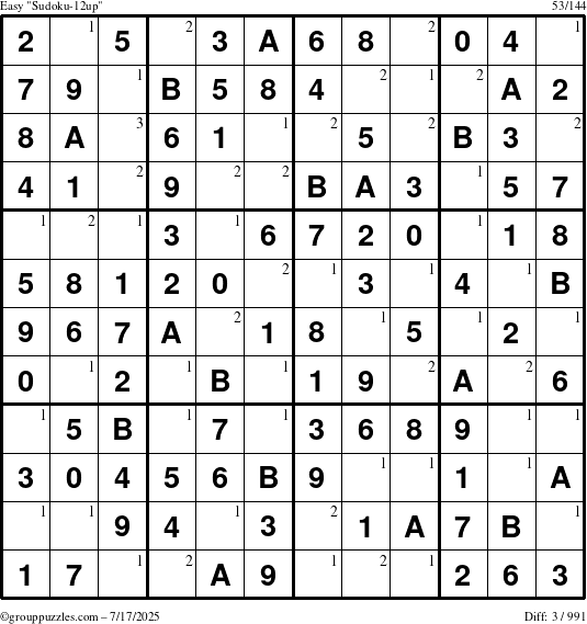 The grouppuzzles.com Easy Sudoku-12up puzzle for Thursday July 17, 2025 with the first 3 steps marked