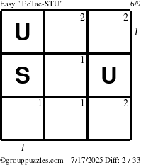 The grouppuzzles.com Easy TicTac-STU puzzle for Thursday July 17, 2025, suitable for printing, with all 2 steps marked