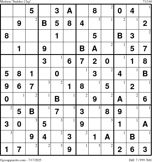 The grouppuzzles.com Medium Sudoku-12up puzzle for Thursday July 17, 2025 with the first 3 steps marked