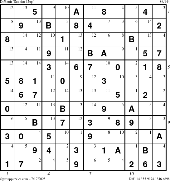 The grouppuzzles.com Difficult Sudoku-12up puzzle for Thursday July 17, 2025, suitable for printing, with all 14 steps marked