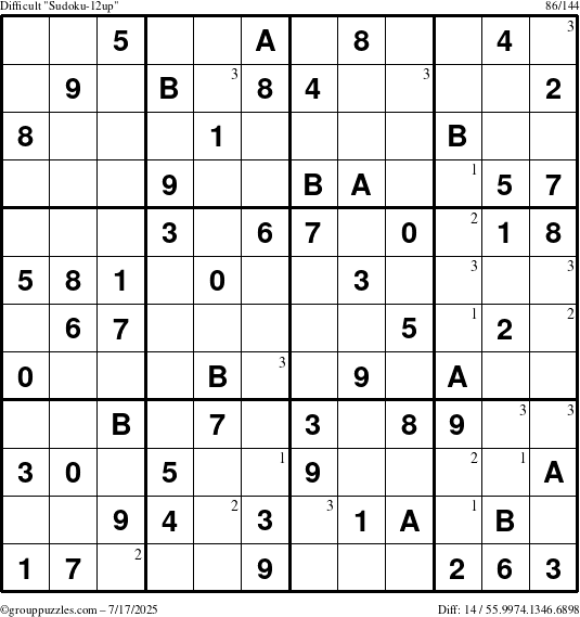 The grouppuzzles.com Difficult Sudoku-12up puzzle for Thursday July 17, 2025 with the first 3 steps marked