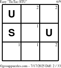 The grouppuzzles.com Easy TicTac-STU puzzle for Thursday July 17, 2025 with the first 2 steps marked