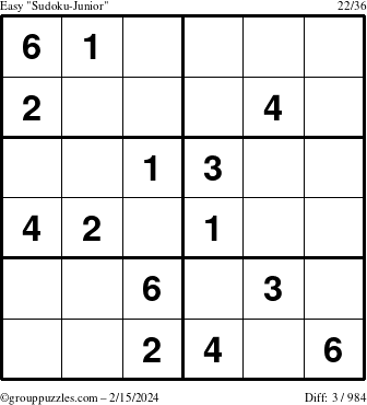 The grouppuzzles.com Easy Sudoku-Junior puzzle for Thursday February 15, 2024