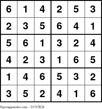 The grouppuzzles.com Answer grid for the Sudoku-Junior puzzle for Thursday February 15, 2024