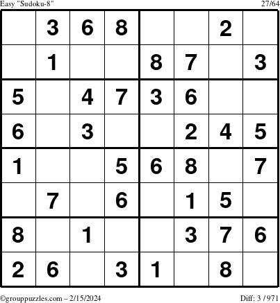 The grouppuzzles.com Easy Sudoku-8 puzzle for Thursday February 15, 2024