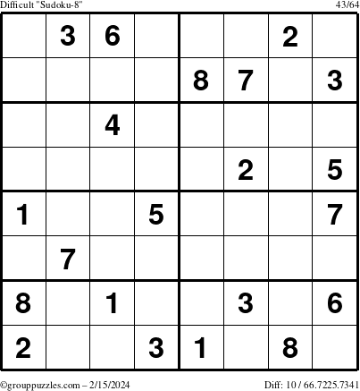 The grouppuzzles.com Difficult Sudoku-8 puzzle for Thursday February 15, 2024