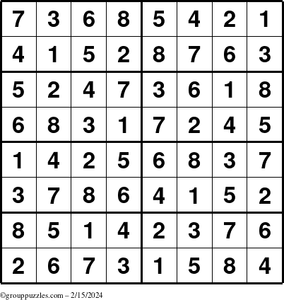 The grouppuzzles.com Answer grid for the Sudoku-8 puzzle for Thursday February 15, 2024