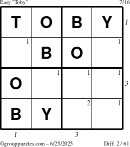 The grouppuzzles.com Easy Toby puzzle for Wednesday June 25, 2025 with all 2 steps marked