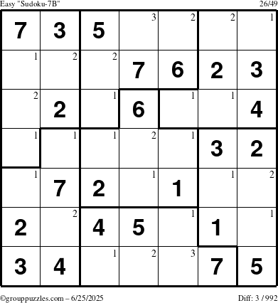 The grouppuzzles.com Easy Sudoku-7B puzzle for Wednesday June 25, 2025 with the first 3 steps marked