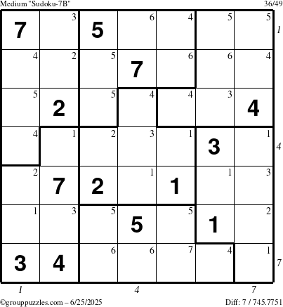 The grouppuzzles.com Medium Sudoku-7B puzzle for Wednesday June 25, 2025 with all 7 steps marked