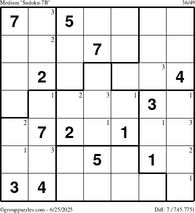 The grouppuzzles.com Medium Sudoku-7B puzzle for Wednesday June 25, 2025 with the first 3 steps marked