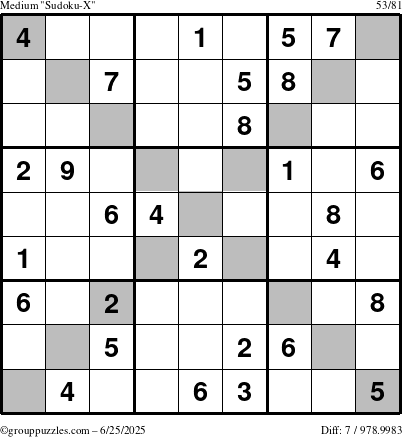 The grouppuzzles.com Medium Sudoku-X puzzle for Wednesday June 25, 2025
