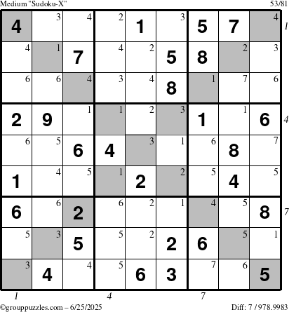 The grouppuzzles.com Medium Sudoku-X puzzle for Wednesday June 25, 2025 with all 7 steps marked