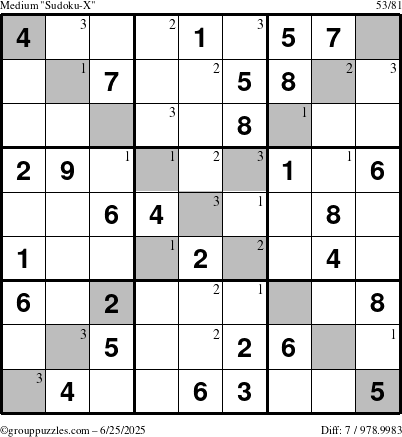 The grouppuzzles.com Medium Sudoku-X puzzle for Wednesday June 25, 2025 with the first 3 steps marked