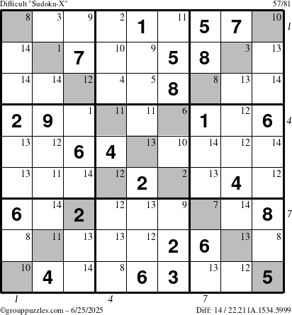 The grouppuzzles.com Difficult Sudoku-X puzzle for Wednesday June 25, 2025 with all 14 steps marked