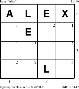 The grouppuzzles.com Easy Alex puzzle for Saturday May 30, 2026, suitable for printing, with all 3 steps marked