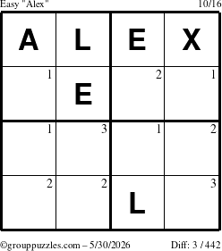 The grouppuzzles.com Easy Alex puzzle for Saturday May 30, 2026 with the first 3 steps marked