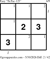 The grouppuzzles.com Easy TicTac-123 puzzle for Saturday May 30, 2026 with all 2 steps marked