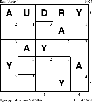 The grouppuzzles.com Easy Audry puzzle for Saturday May 30, 2026, suitable for printing, with all 4 steps marked
