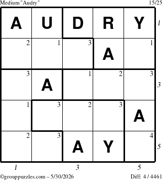 The grouppuzzles.com Medium Audry puzzle for Saturday May 30, 2026 with all 4 steps marked