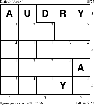 The grouppuzzles.com Difficult Audry puzzle for Saturday May 30, 2026 with all 4 steps marked