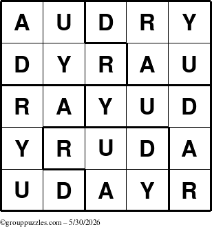 The grouppuzzles.com Answer grid for the Audry puzzle for Saturday May 30, 2026