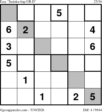 The grouppuzzles.com Easy Sudoku-6up-UR-D puzzle for Saturday May 30, 2026