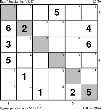 The grouppuzzles.com Easy Sudoku-6up-UR-D puzzle for Saturday May 30, 2026 with all 4 steps marked