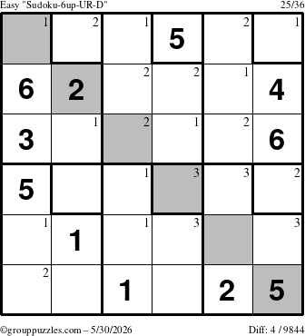 The grouppuzzles.com Easy Sudoku-6up-UR-D puzzle for Saturday May 30, 2026 with the first 3 steps marked