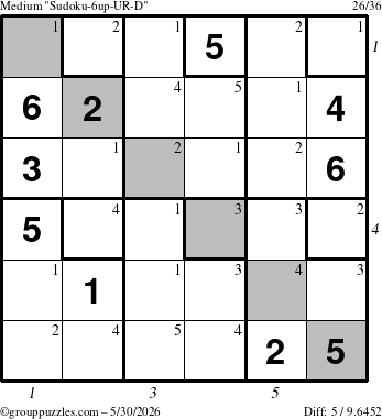 The grouppuzzles.com Medium Sudoku-6up-UR-D puzzle for Saturday May 30, 2026 with all 5 steps marked