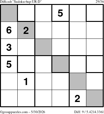 The grouppuzzles.com Difficult Sudoku-6up-UR-D puzzle for Saturday May 30, 2026