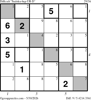 The grouppuzzles.com Difficult Sudoku-6up-UR-D puzzle for Saturday May 30, 2026, suitable for printing, with all 9 steps marked