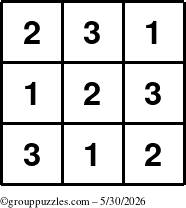 The grouppuzzles.com Answer grid for the TicTac-123 puzzle for Saturday May 30, 2026