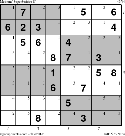 The grouppuzzles.com Medium SuperSudoku-8 puzzle for Saturday May 30, 2026 with all 5 steps marked
