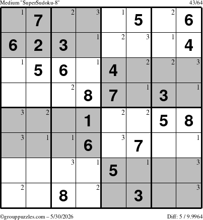 The grouppuzzles.com Medium SuperSudoku-8 puzzle for Saturday May 30, 2026 with the first 3 steps marked