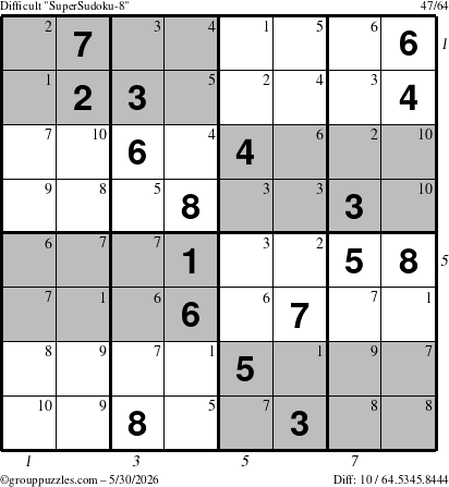 The grouppuzzles.com Difficult SuperSudoku-8 puzzle for Saturday May 30, 2026, suitable for printing, with all 10 steps marked