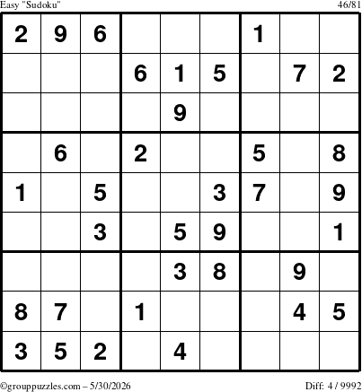 The grouppuzzles.com Easy Sudoku puzzle for Saturday May 30, 2026