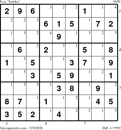 The grouppuzzles.com Easy Sudoku puzzle for Saturday May 30, 2026 with all 4 steps marked
